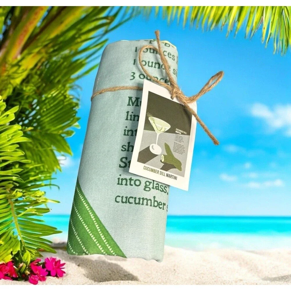 Tag Linen Dish Tea Towel Cucumber Dill Martini Recipe. Made In India  2 Pack